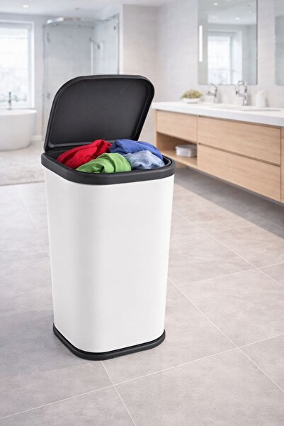 dnshome 1 Adet Kapaklı Beyaz Çamaşır Sepeti Siyah Detaylı Kirli Çamaşır Sepet...