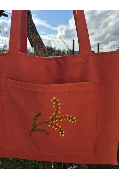 Handream Mimosa Branch Embroidered Brown Duck Fabric Shoulder Bag