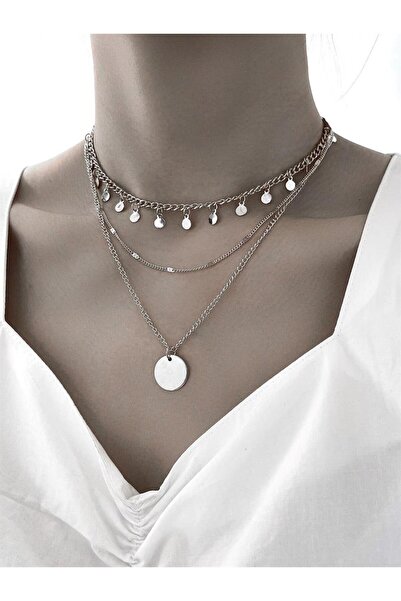 Nehir Round Detailed Multi-Sequin Multi-Layered Silver Color Necklace