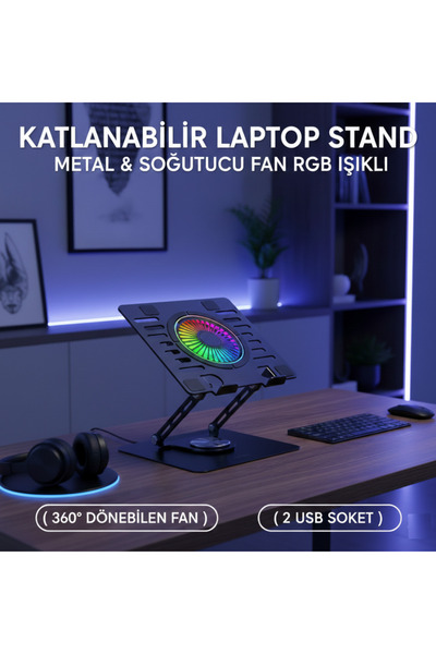 EVİST Foldable Laptop Stand Metal & Cooling Fan with Rgb Lights (360) °   Rot...