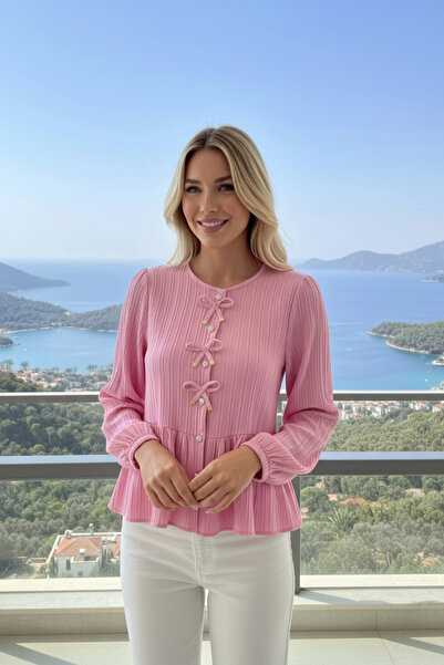 Lusin Women's candy pink button-down long sleeve blouse with bow detail