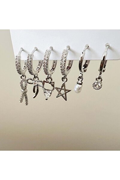 ACAR TAKI 6-Piece Earring Set with Bow Detail, Star, and Pearls - Silver Colo...