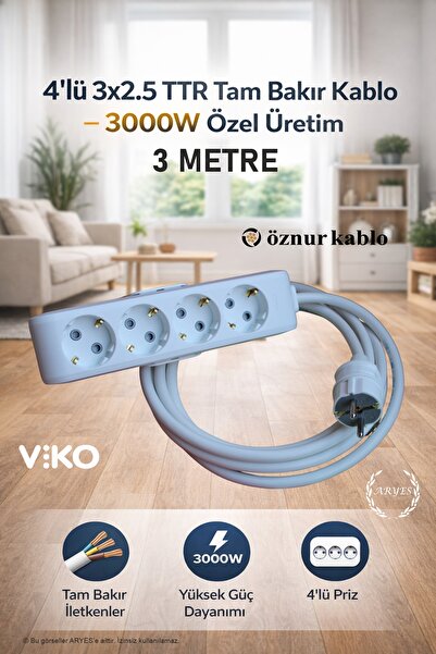 4-Piece Extension Cable 3 Meters 3x2.5 TTR Full Copper 3000W Fireproof Cable Suitable for High Current Devices