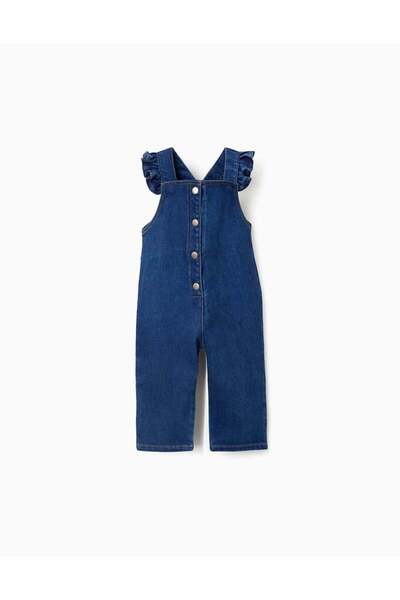 Ziddy جمبسوت دنيم بحمالات مكشكش للفتيات الصغيرات، أزرق داكن