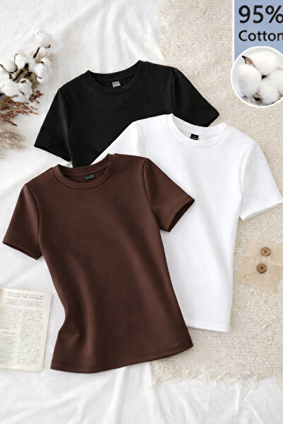 ÖZ PAMUK Cotton Soft Textured Comfortable Straight Cut Short Sleeve 3-Pack Cr...