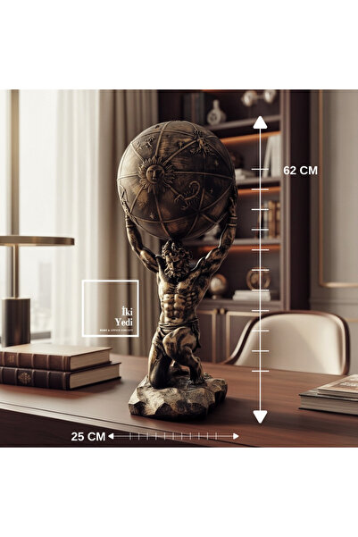İki Yedi Konsept Atlas Dünya Heykeli 62 cm, Mitolojik Güç Temalı Dekoratif Ob...