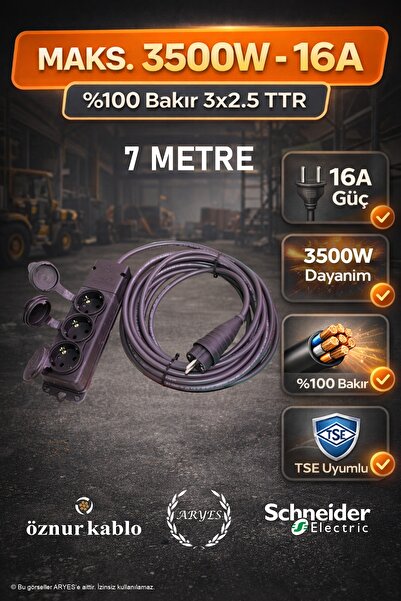 Aryes 3lü Sanayi Tipi Uzatma Kablosu 7 Metre 3x2.5 TTR Tam Bakır Öznur Kablo ...