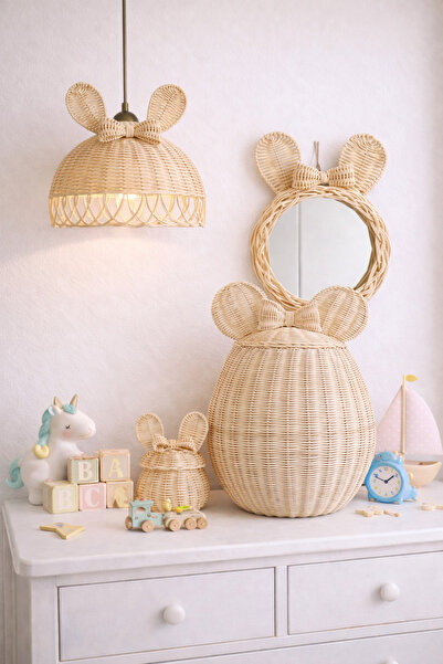 DEKORATTAN Rattan bambu hasır set . Avize - ayna - toka kutusu - çamaşır sepeti