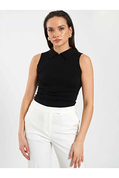 Caddebostan Moda Women's Front Zipper Collared Knitted Sleeveless Bodysuit wi...