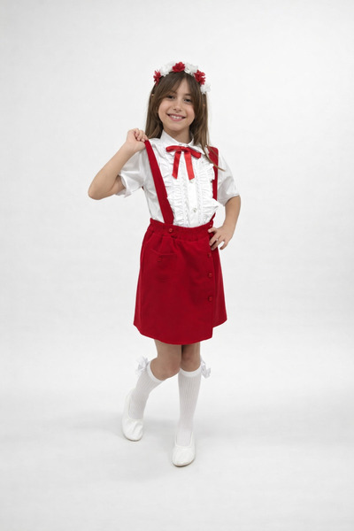 nacar çarşı Salopetă roșie cu bretele și cămașă albă cu fundă pentru fetițe, ...