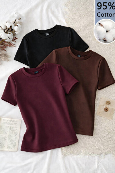 ÖZ PAMUK BLUZĂ-TIȘÖRĂ CU GULER ROTUND, CU MÂNECĂ SCURTĂ, DIN BUMBAC, CU TEXTU...