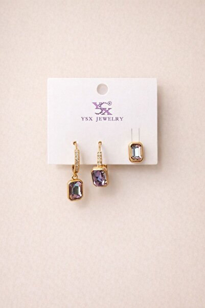 YSX JEWELRY Mor Baget Taşlı Çoklu Küpe Seti – Altın Kaplama Minimal Şık Kombin