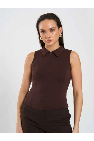 Caddebostan Moda Women's Front Zipper Collared Knitted Sleeveless Bodysuit wi...