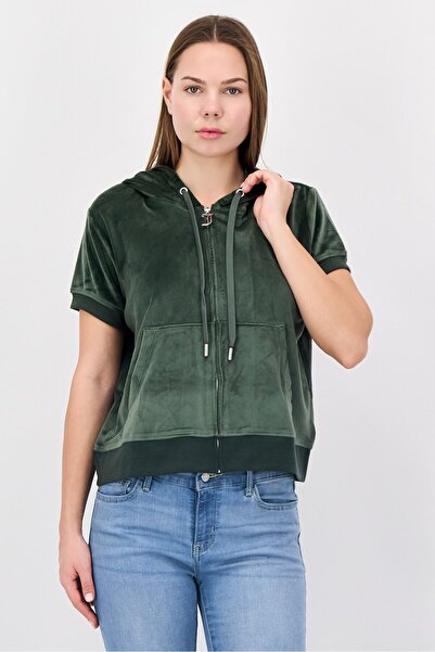 Juicy Couture Women Embroidered Long Short Sleeve Velvet Hoodie, Green