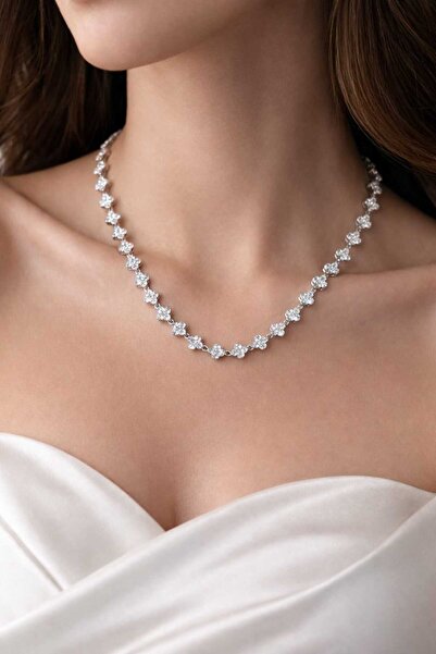 staınless steel silver zirkon taşlı yonca motif kolye