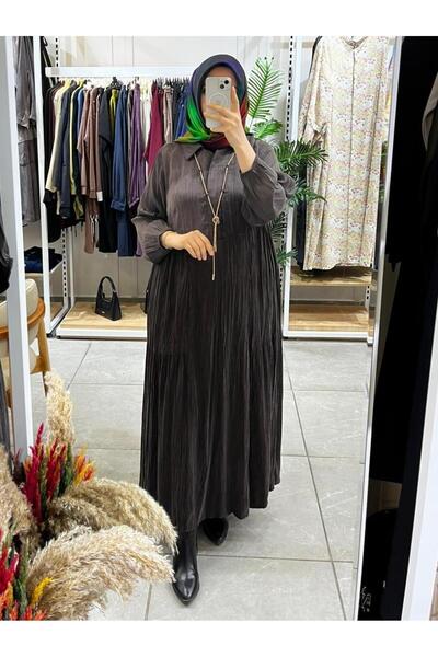 Lissmore 5793 Necklace Detail Crinkled Dress Brown