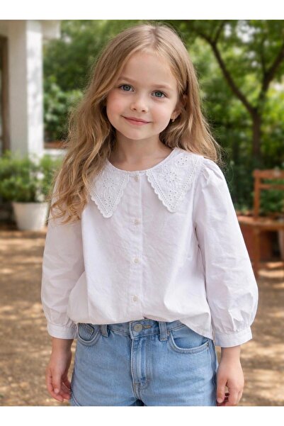 Miniminnakkidswear Kız çocuk yaka detaylı beyaz gömlek