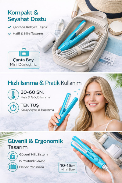 TeknoClass Mini Saç Düzleştirici Seyahat İçin Taşınabilir Hızlı Isınan Çanta ...