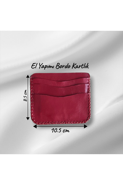 El Yapımı Hakiki Keçi Derisi Bordo 3 Bölmeli Kartlık&Bir Adet Katlanarak Kağıt Para Koyma Bölmesi
