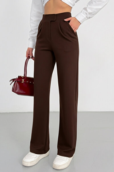 Lusin Women's Bitter Brown High Waist Lycra Wide Leg Palazzo Trousers with Ve...