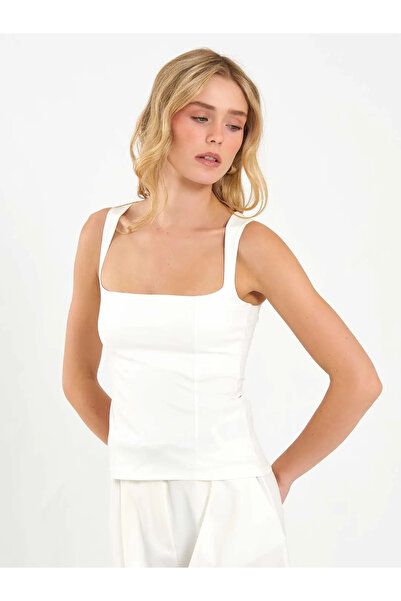 Caddebostan Moda Women's Square Neck Wide Strap Basic Blouse Slim Fit Stretch...