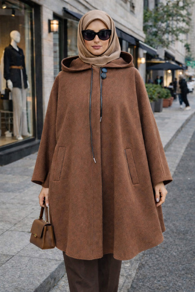 Kadem Kapüşonlu Kaşe Panço Kaban – Oversize Bol Kalıp, Cepli, Bağcıklı Tesett...