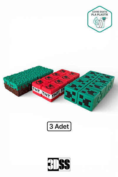 3DSS Minecraft Temalı Fidget Stres Oyuncağı 3'lü Set | Creeper BOOM Grass Pix...