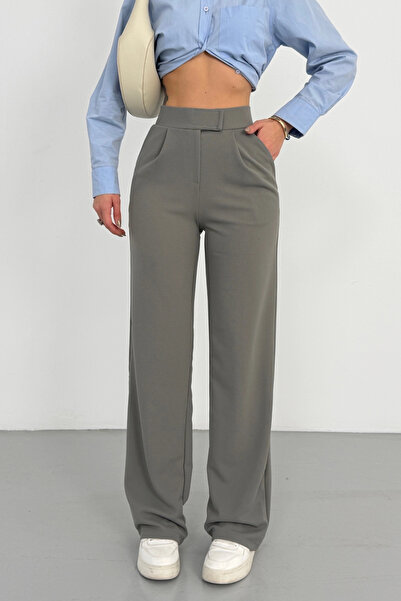 Lusin Women's anthracite high-waisted lycra wide leg palazzo pants with hook ...