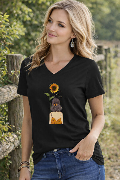 LORVEX Γυναικείο μπλουζάκι με λαιμόκοψη V, άνετη εφαρμογή, με στάμπα ΗΛΙΑΝΘΟΥ...