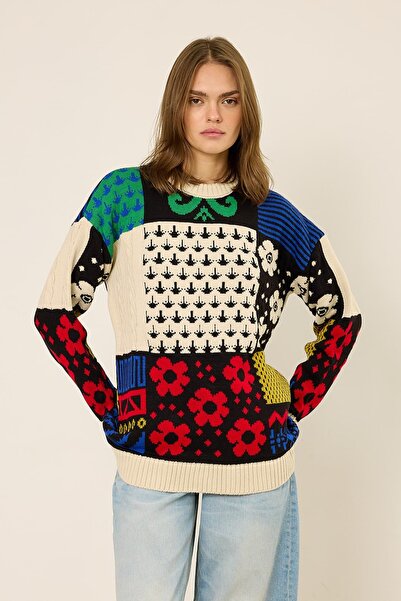 mavi limon Çiçekli Triko Kazak