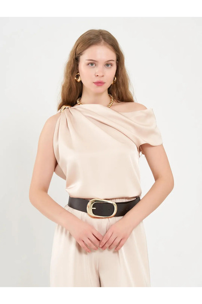 Caddebostan Moda Women's Satin Blouse with Shoulder Buckle and Asymmetrical C...