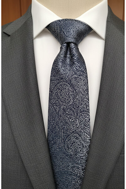 Gutiero Navy Blue White Patterned Classic Tie with Handkerchief