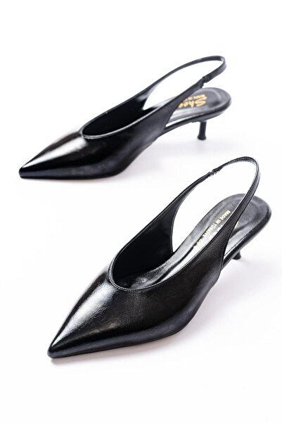 SENTİMİENTO Kadın Siyah Kırışık Rugan Arkası Açık Kısa Topuklu Ayakkabı