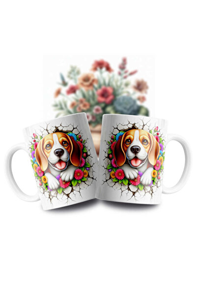 Velorina Cute Dog Patterned Porcelain Mug – 3D Printing with Floral Detail, W...