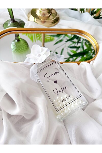 Gami Handmade Islak Ortanca Detaylı Cam Şişe 200 ml İncili Misafir Kolonyası Söz, Nişan, Nikah, Hediyelik -1 Adet