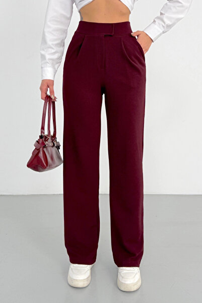Lusin Women's Burgundy High Waist Lycra Wide Leg Palazzo Trousers with Velcro...