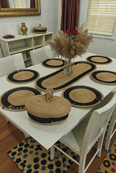 Zeora Home Hasır Görünümlü Amerikan Servis Takımı 8’li Bej Siyah Örgü Supla S...