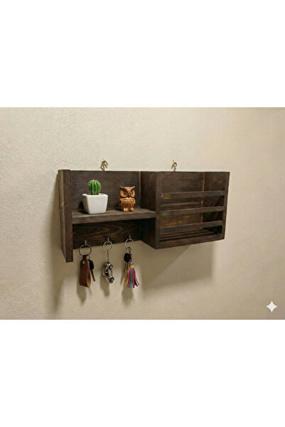 Krb Ahsap Dekoratif Ahşap Duvar Rafı Ve Anahtarlık, Bölmeli Raf Objeler Dahil...