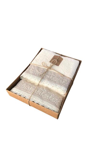 ROYAM Arliva 2 Li 100% Cotton Natural Lace Embroidered Bath Towel Set Cream