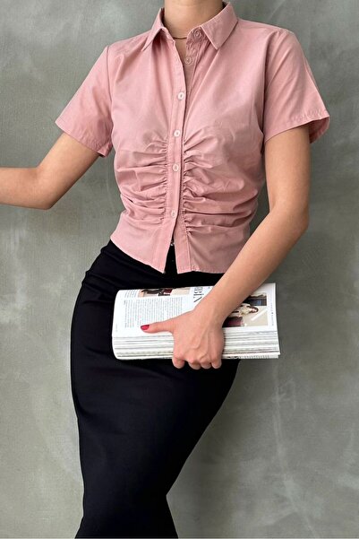 Caddebostan Moda Women's Front Gathered Short Sleeve Shirt Collar Crop Blouse