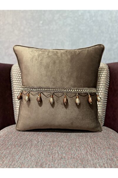 Fabricland Yumuşak İthal Kadife Kahverengi Boncuk Püsküllü 43X43