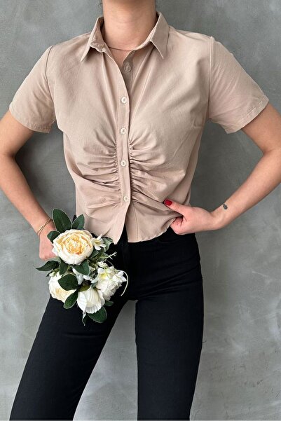 Caddebostan Moda Women's Front Gathered Short Sleeve Shirt Collar Crop Blouse