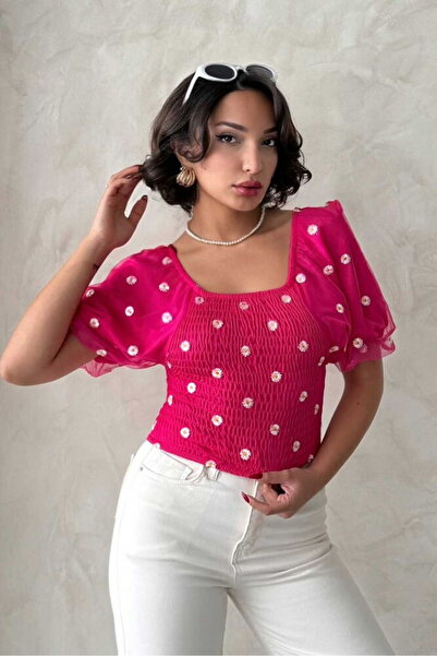 Caddebostan Moda Daisy Patterned Chiffon Blouse with Gipe Detail and Balloon ...