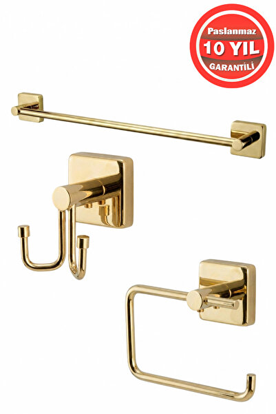 BanyomHome Altın Gold Paslanmaz Pirinç Vizyon 3'lü Set - Havluluk-tuvalet Kağ...