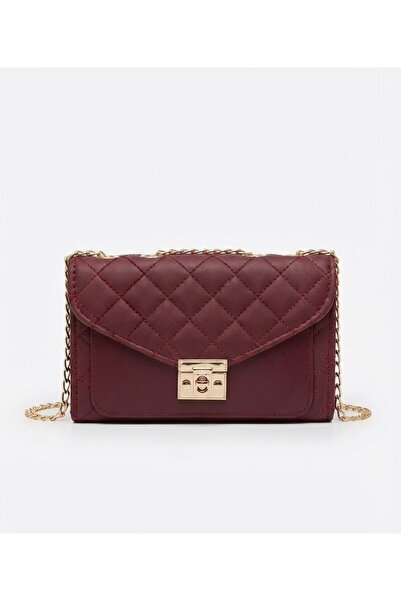 LAUGH BAG Kadın Bordo Gold Kilitli Zincirli Omuz Çantası