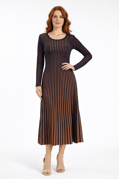 Neden Tekstil Black and Coffee Vertical Striped Crew Neck Flared Knit Dress