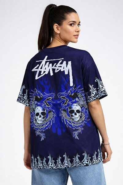 LUMİART Women's Navy Blue Oversize T-Shirt with Dragon & Skull Print Crew Nec...