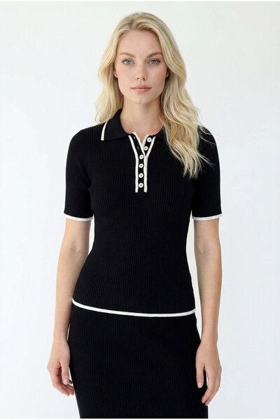 Cistern İstanbul Women's Polo Collar Buttoned Short Sleeve Knitwear Blouse