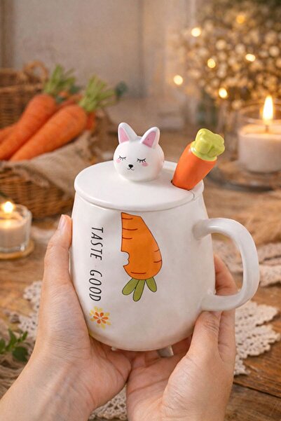 HEPBİMODA Havuç Şeklinde Kapaklı ve Kaşıklı 3D Sevimli Seramik Kupa Bardağı Ç...