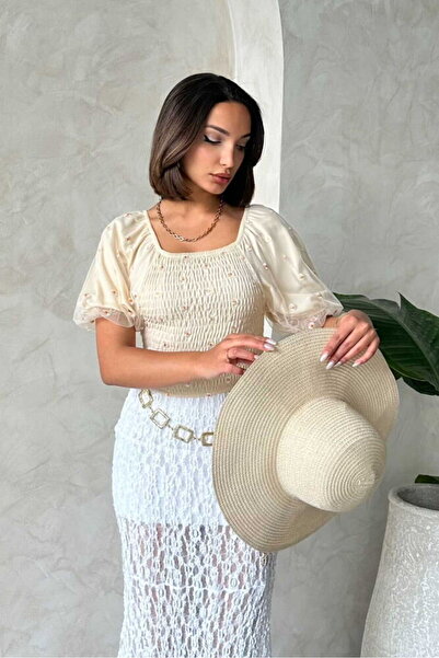 Caddebostan Moda Daisy Patterned Chiffon Blouse with Gipe Detail and Balloon ...